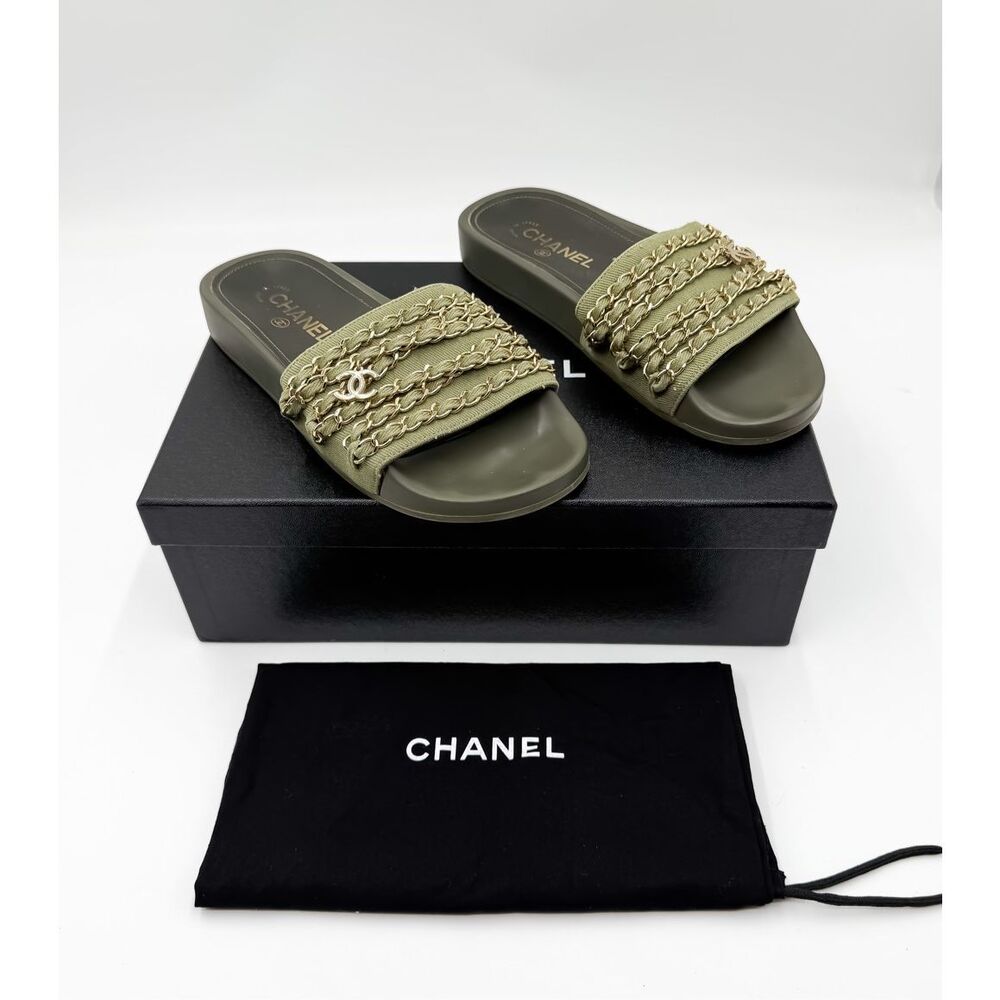 Chanel CC Chain Slide Sandals Size Eu 37 Green Khaki Canvas Slip On